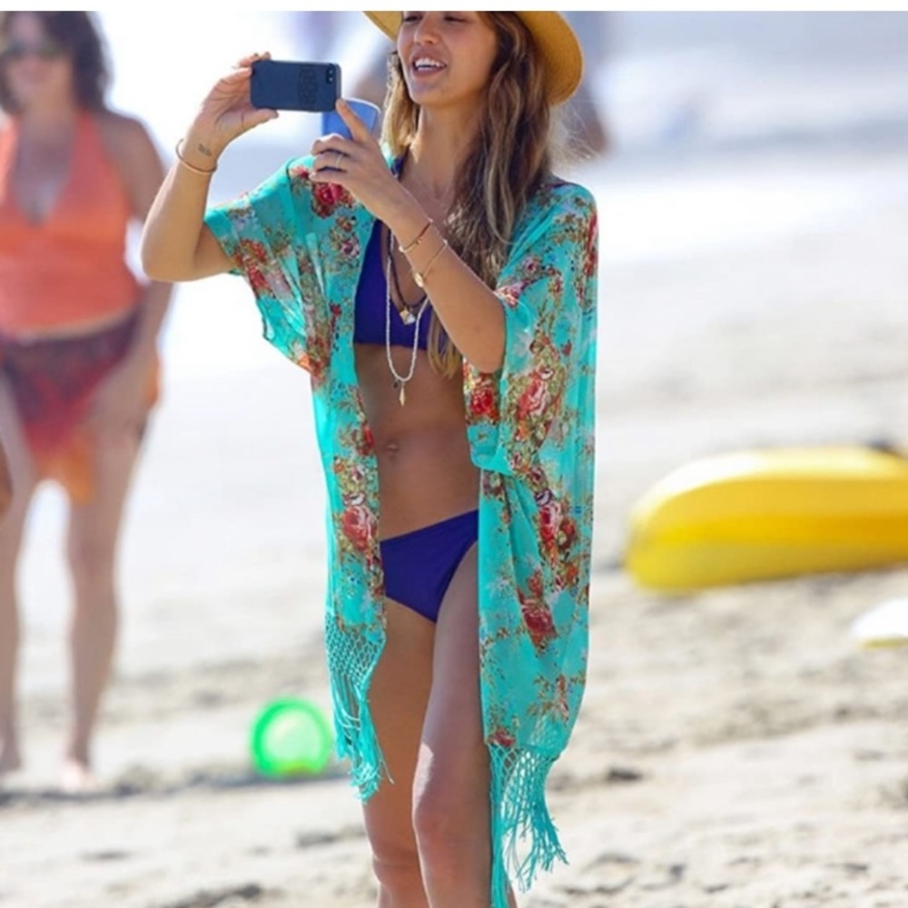 BOHO Floral Fringe Kimono Knee Length Swim Cover Up